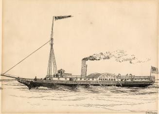 An illustration of a steamboat on a body of water. The word &quot;Peerless&quot; is written on …