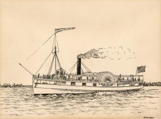 An illustration of a steamboat on a body of water. The word &quot;Kaloolah&quot; is written on …