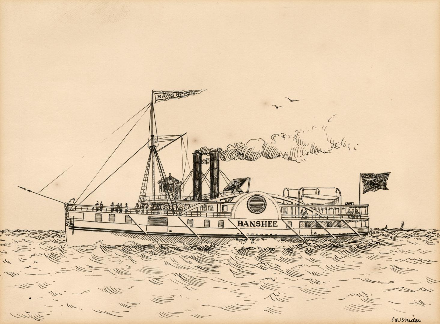 An illustration of a steamboat in a body of water. The word &quot;Banshee&quot; is written on t…