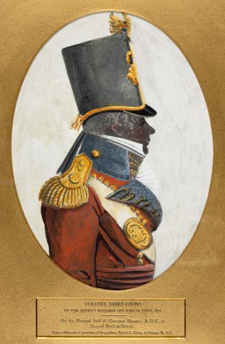 A watercolour painting of a silhouette of a man wearing a military uniform, including a large h…