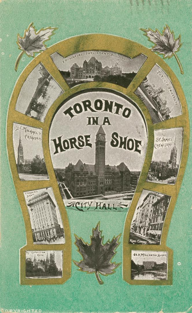 Small pictures of different buildings and sites in Toronto inside a drawing of a horseshoe. Gre…