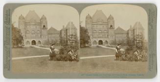 Pictures show a girl looking at a flower bed in a lawn in front of a huge Richardsonian Romanes…