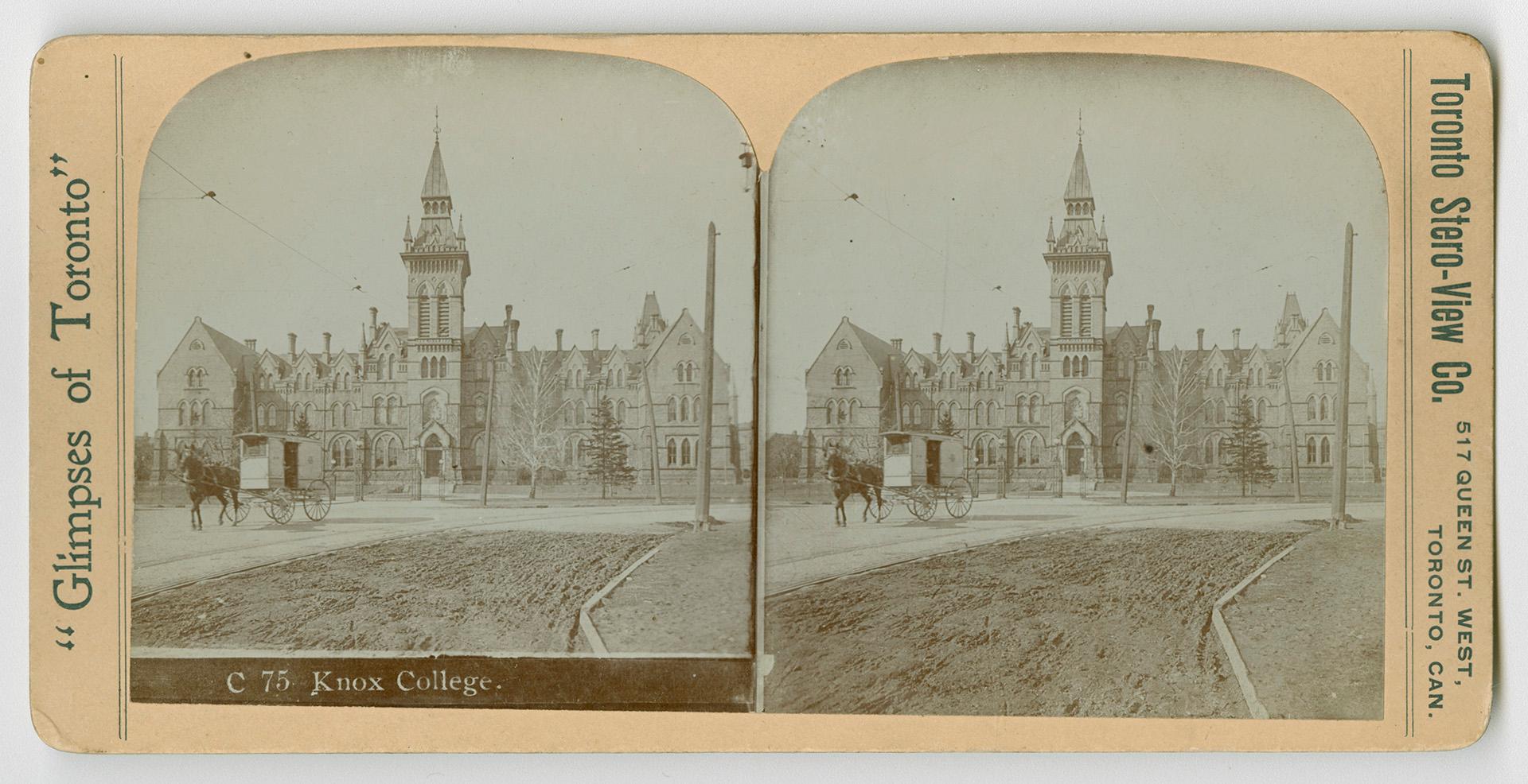 Pictures show a horse and wagon on a road in front of a large gothic building with a central to…