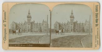 Pictures show a horse and wagon on a road in front of a large gothic building with a central to…