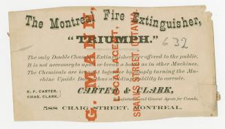 B/W trade card containing text that states &quot; The Montreal Fire Extinguisher, &quot;Triumph…