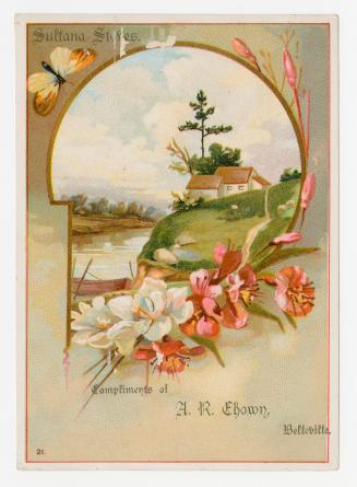 Colour trade card depicting an image of a home on the shore of a river, with text that states, …