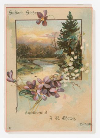 Colour trade card depicting an image of a river, and purple flowers, with text that states, &qu…