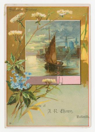 Colour trade card depicting a sailboat on a city lake, with text that states, &quot;Sultana Sto…