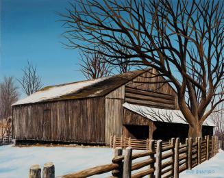 A painting of a barn in winter, with snow on the ground and a small amount of snow on the roof …