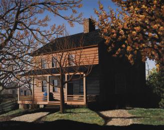 A painting of a residential house, with two trees on either side and one tree in front of the h ...