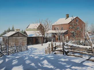 A painting of a group of two houses and two small sheds in winter. There is snow on the ground …