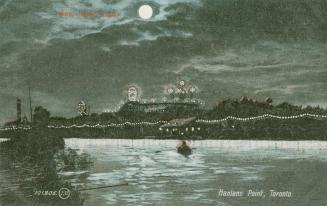 Picture of the lake at night with a full moon and lights on an amusement park in the background…