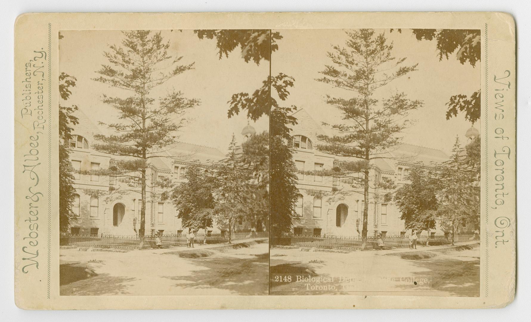 Pictures show at three story school building nestled in amongst trees.