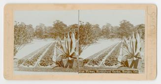 Pictures show a path leading up to a huge fountain surrounded by flowering plants.