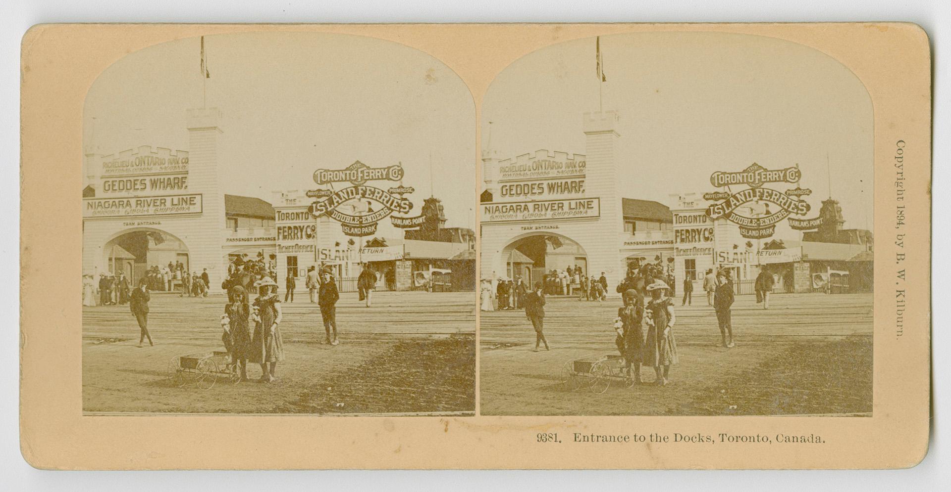 Pictures show crowds of people in front of entrances with signs advertising different ferry com…