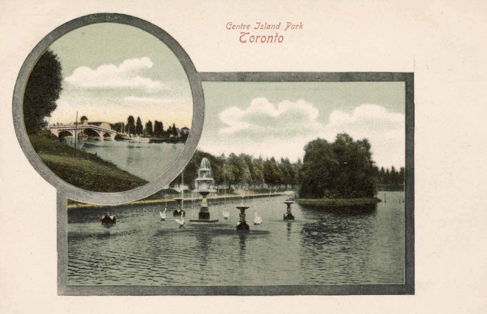 A square framed picture of a lagoon with fountains and a round framed picture of a lagoon with …