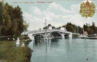 Bridge over pond, children at shoreline. Coat of arms in top right corner.