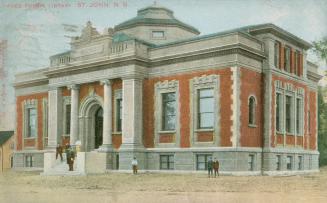 Picture of large public library with pillars at front door and dome on roof and several people …