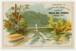 Colour card advertisement depicting an illustration of the Muskoka River with two boats. The ba…