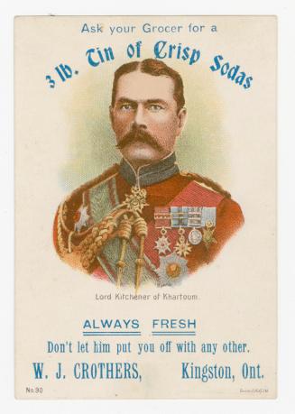 Colour card advertisement for "crisp sodas", depicting an illustration of Lord Kitchener of Kha…