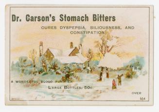 Colour card advertisement depicting an illustration of a wintery farmhouse with text stating, "…