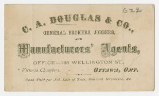 Large business card with text, "C.A. Douglas & Co., General Brokers, jobbers, and Manufacturers…