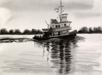 A painting of a tugboat sailing in a calm body of water. There are bushes and small trees visib…