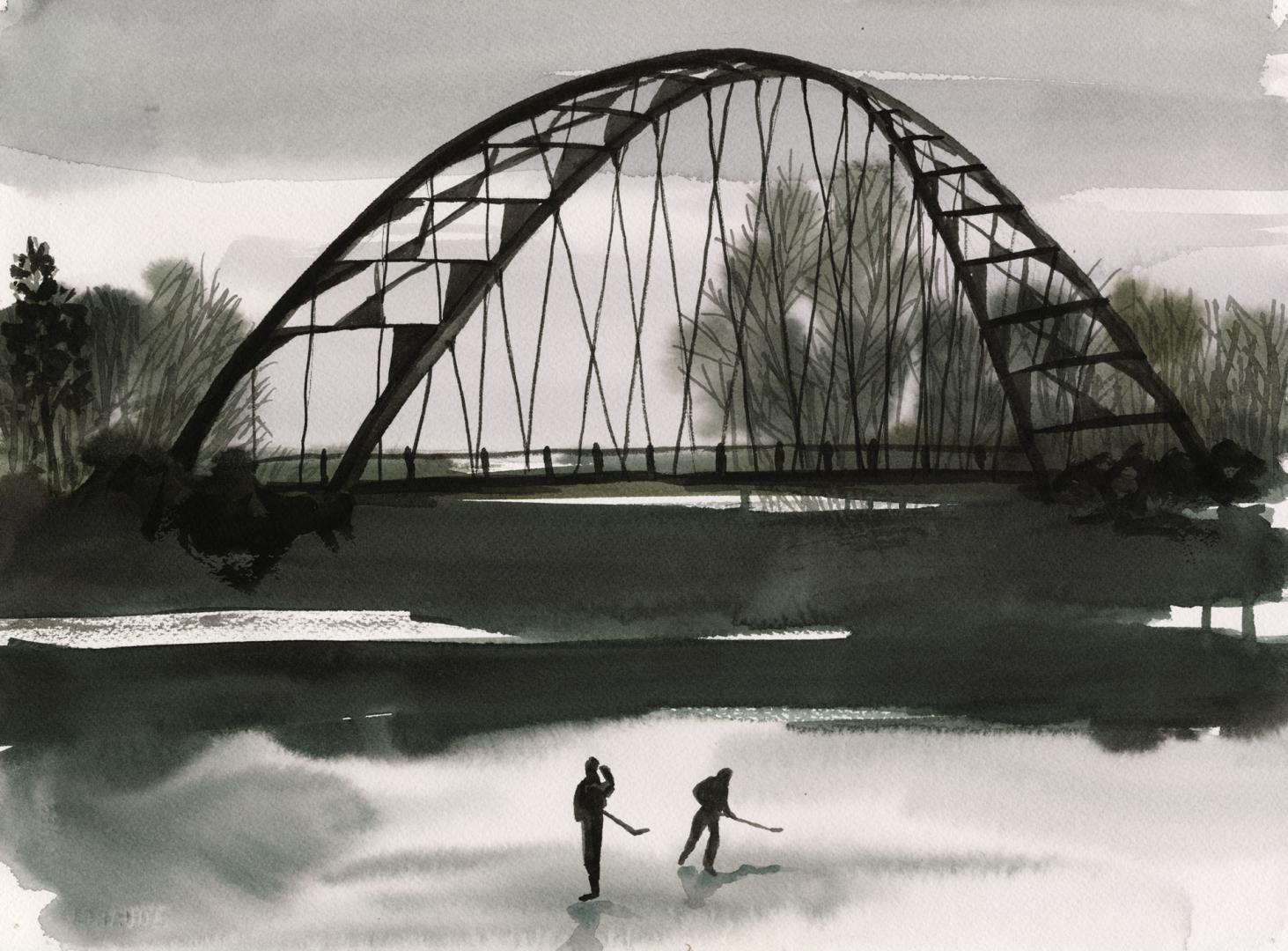 A painting of two people skating on ice in front of a pedestrian bridge spanning a river. There…