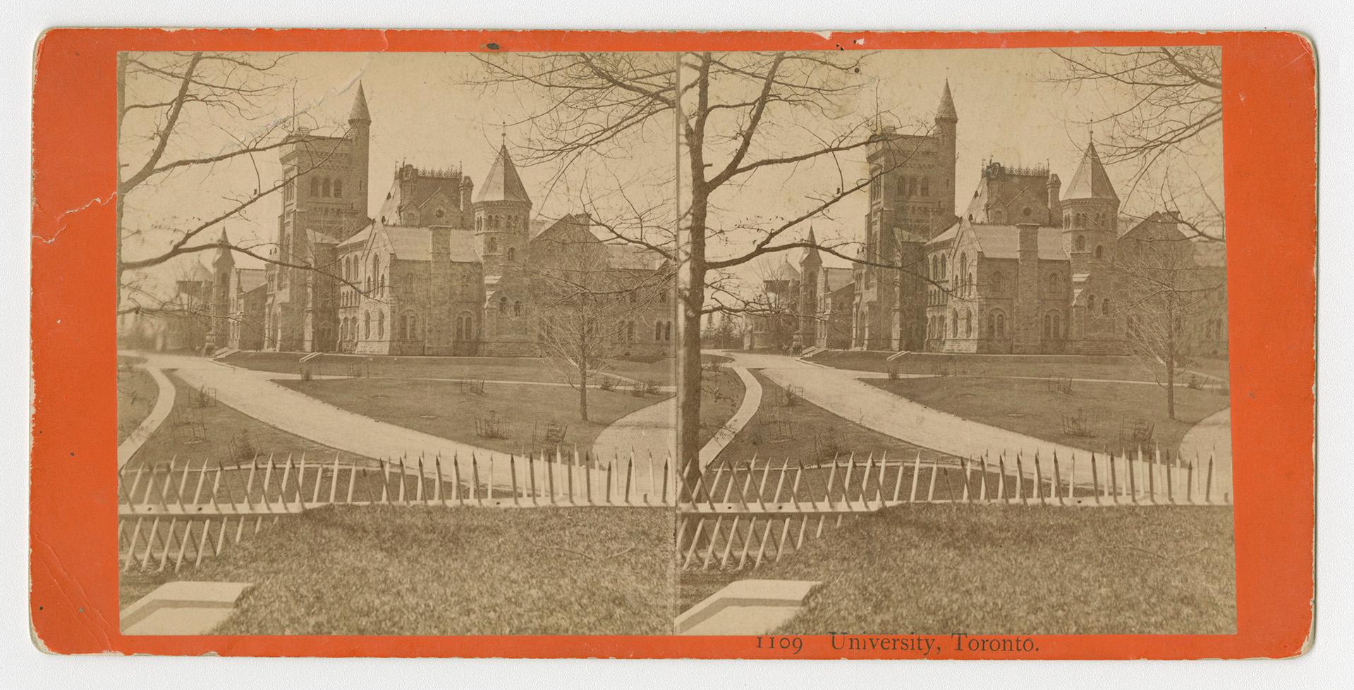 Pictures show a huge collegial gothic style building behind roads, lawns; picket fence in the f…