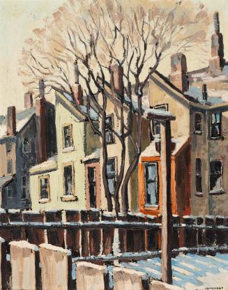 A painting of a view of the back of a row of two-story townhouses, with fences dividing their b…