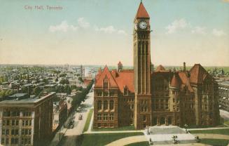 Wide view of Old City Hall in Toronto seen from Queen Street West. Features the clock tower. Ad…