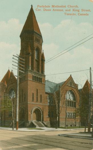 View of Parkdale Methodist Church from the street corner. Church spire is centred in photograph ...