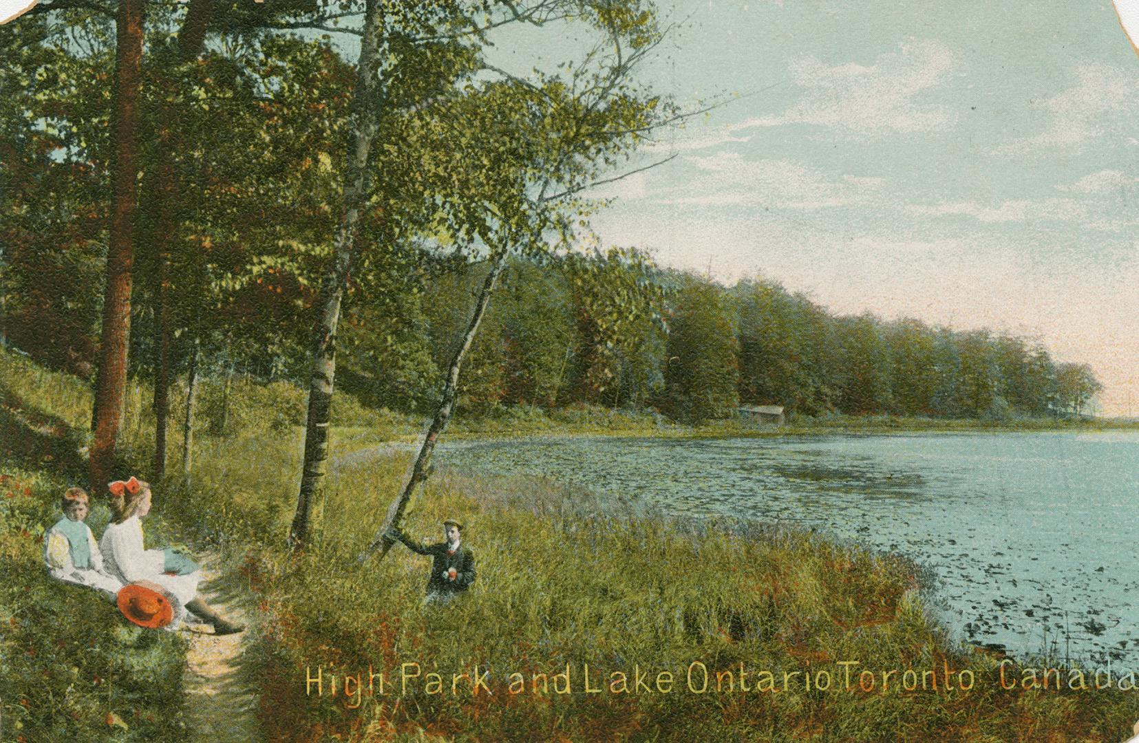 Bucolic scene of three children by Grenadier Pond in High Park. Trees and high grass line the e…