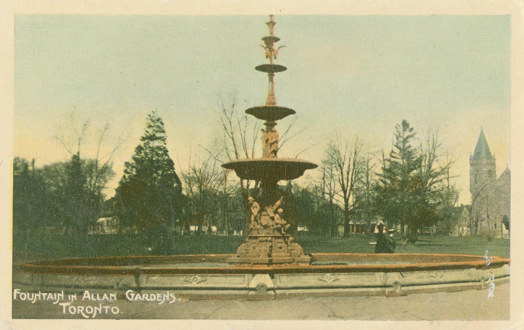 Elaborate fountain in Allan Gardens, with trees in the background. The Jarvis Street Baptist Ch…