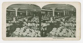 Two photographs of the interior of a retail store, with various types of china displayed on tab…