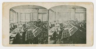 Two photographs of the interior of a room with people working at desks.