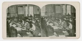 Two photographs of the interior of a room where several women are working at desks with typewri…