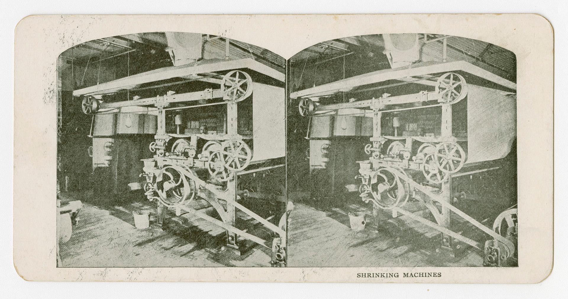 Two photographs of a large piece of machinery located within a room, with belts wrapped around …