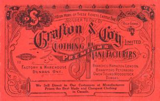 Trade card advertisement printed on red paper, illustrated to resemble a currency dollar bill. …