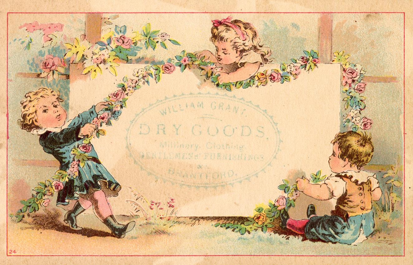 Colour trade card advertisement depicting an illustration of three children playing with flower…