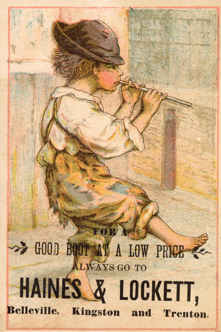 Colour trade card advertisement depicting an illustration of a barefooted boy playing the flute…