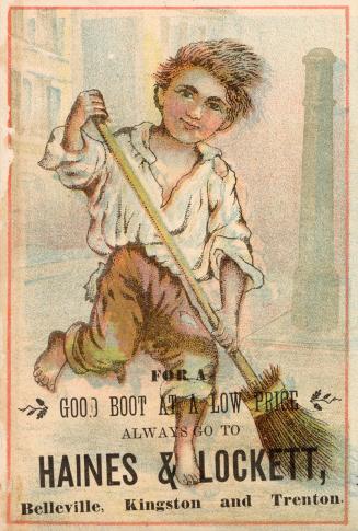 Colour trade card advertisement depicting an illustration of a barefooted boy sweeping with a b…