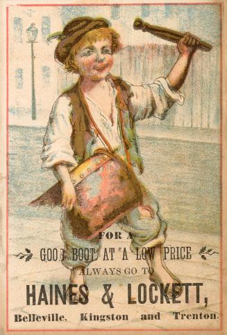 Colour trade card advertisement depicting an illustration of a barefooted boy wielding a baton.…