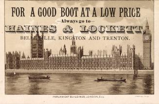 Greyscale trade card advertisement depicting Big Ben and the Parliament Building in London, Eng…