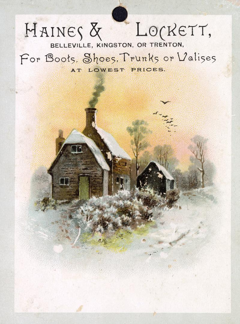 Colour tradecard advertisement depicting an illustration of a country home amidst a wintery sce…