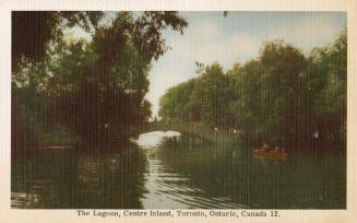 Colorized photograph of two people in a boat on water about to glide under a curved bridge with…