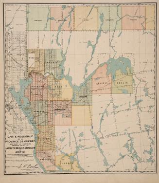 Carte régionale de la Province de Québec montrant le territoire compris entre les lacs Temiscamingue et Abitibi