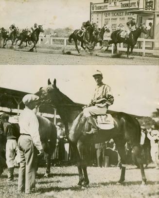 Two photographs of a horseracing track, one above the other. The top photo shows a race in prog…