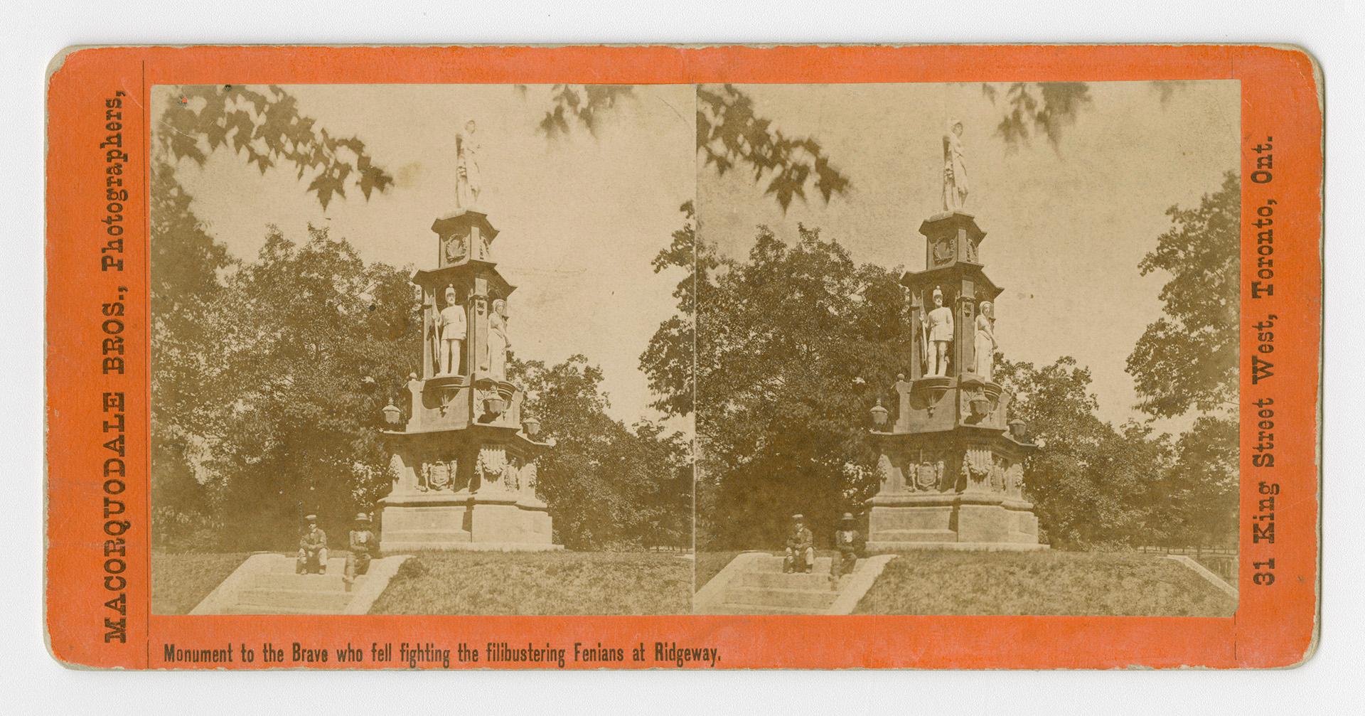 Pictures show two men sitting on steps in front of an Italian Renaissance style monument.