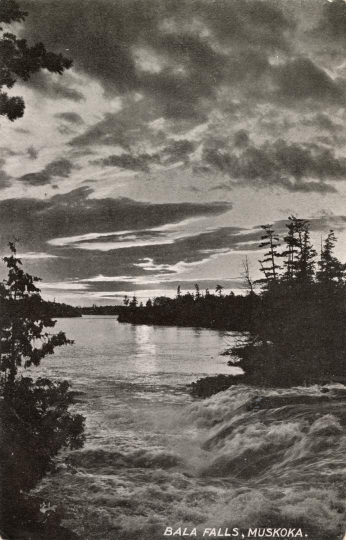 Black and white pictures of waterfalls in front of a lake in a forested area.